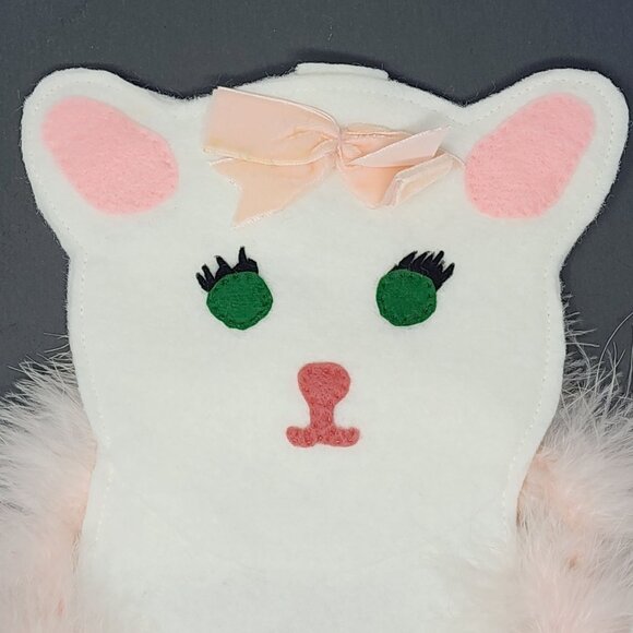 Vintage 1960s Handmade Felt Christmas Stocking Kitten Cat Feathers Pink Ribbon - Picture 5 of 9